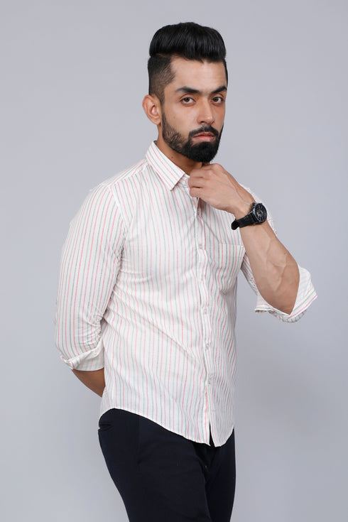 Miravan Mens White Spread Collar Striped Print Casual Shirt