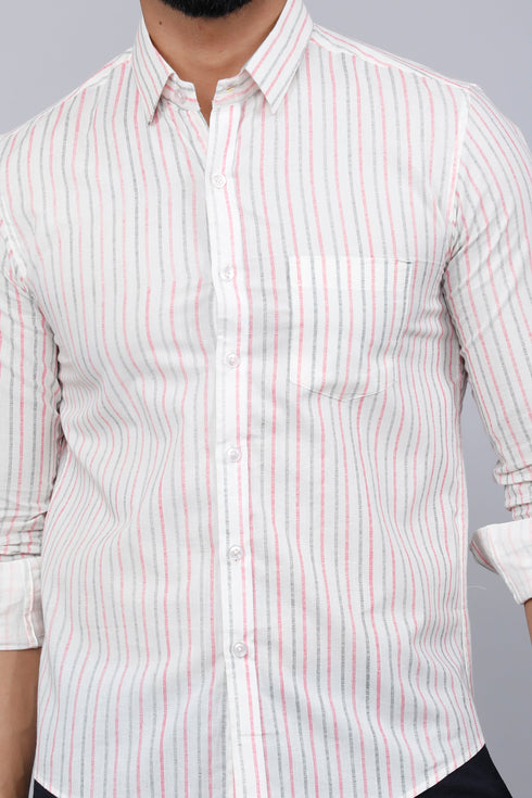 Miravan Mens White Spread Collar Striped Print Casual Shirt