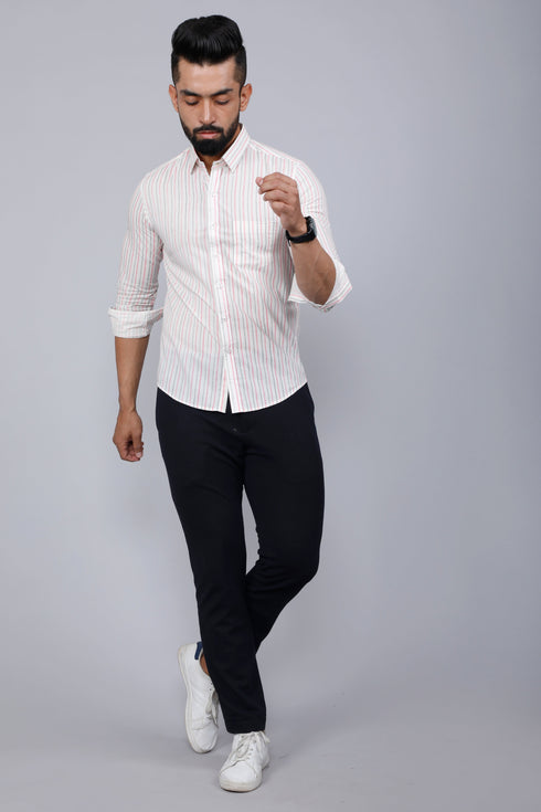 Miravan Mens White Spread Collar Striped Print Casual Shirt