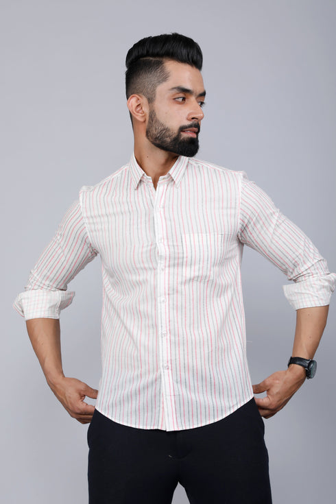 Miravan Mens White Spread Collar Striped Print Casual Shirt