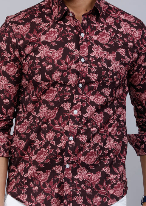 Miravan Mens Floral Slim Fit Long Sleeves Maroon Shirt