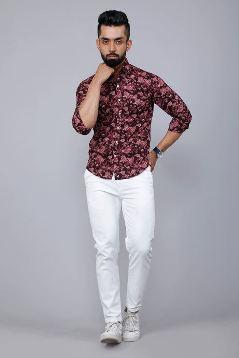 Miravan Mens Floral Slim Fit Long Sleeves Maroon Shirt