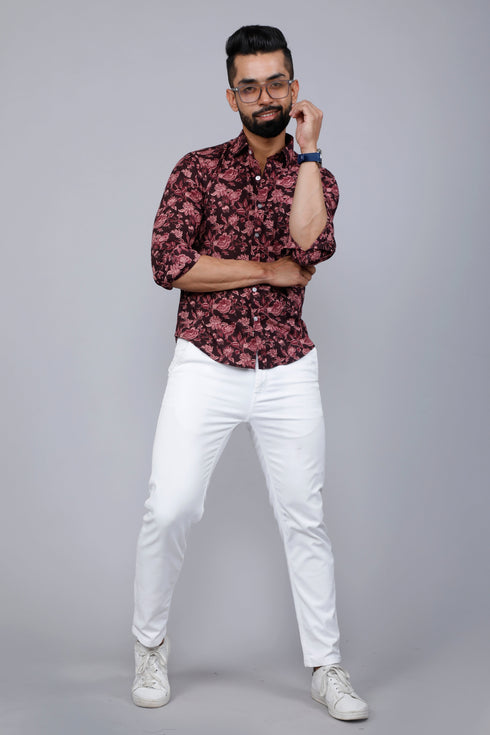 Miravan Mens Floral Slim Fit Long Sleeves Maroon Shirt