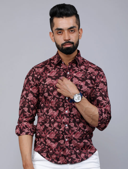 Miravan Mens Floral Slim Fit Long Sleeves Maroon Shirt
