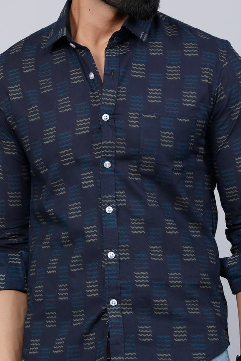 Miravan Mens Indigo Spread Collar Floral Print Casual Shirt