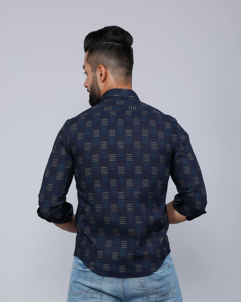 Miravan Mens Indigo Spread Collar Floral Print Casual Shirt