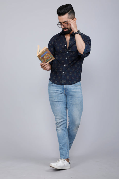 Miravan Mens Indigo Spread Collar Floral Print Casual Shirt