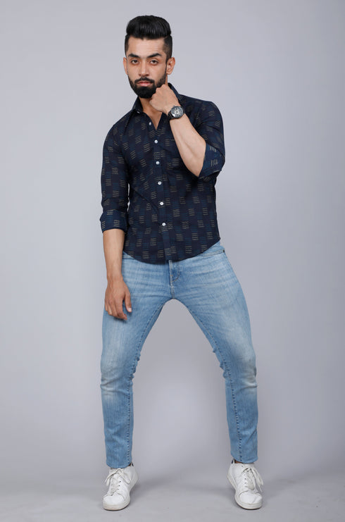Miravan Mens Indigo Spread Collar Floral Print Casual Shirt