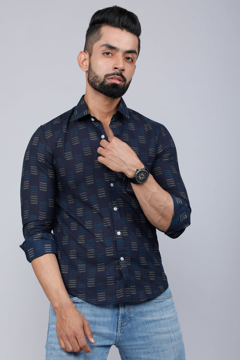 Miravan Mens Indigo Spread Collar Floral Print Casual Shirt