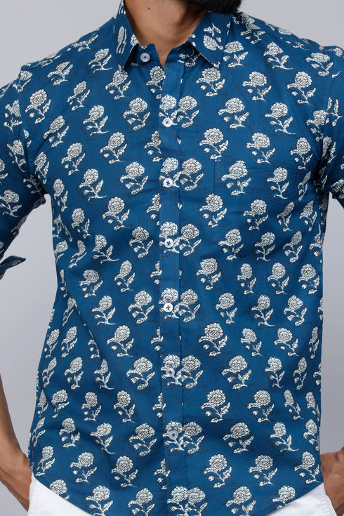 Miravan Mens Blue Spread Collar Floral Print Casual Shirt