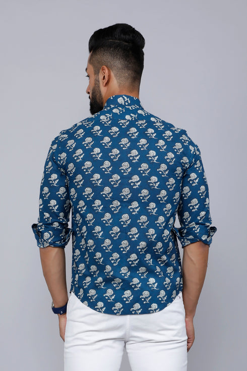 Miravan Mens Blue Spread Collar Floral Print Casual Shirt