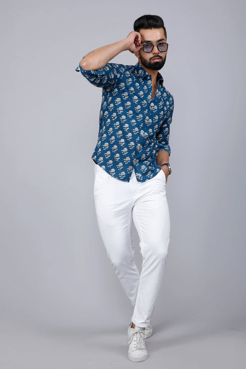 Miravan Mens Blue Spread Collar Floral Print Casual Shirt