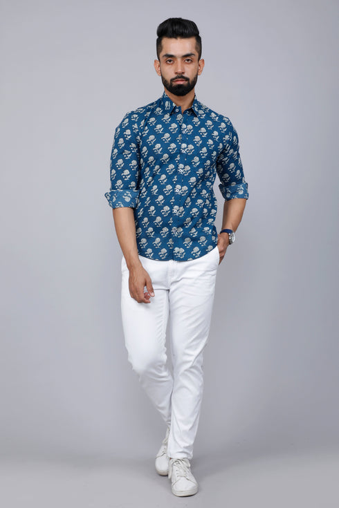 Miravan Mens Blue Spread Collar Floral Print Casual Shirt