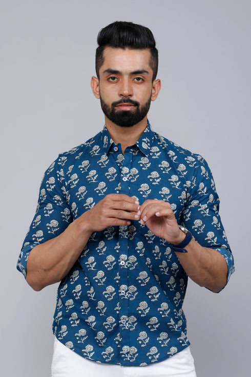 Miravan Mens Blue Spread Collar Floral Print Casual Shirt