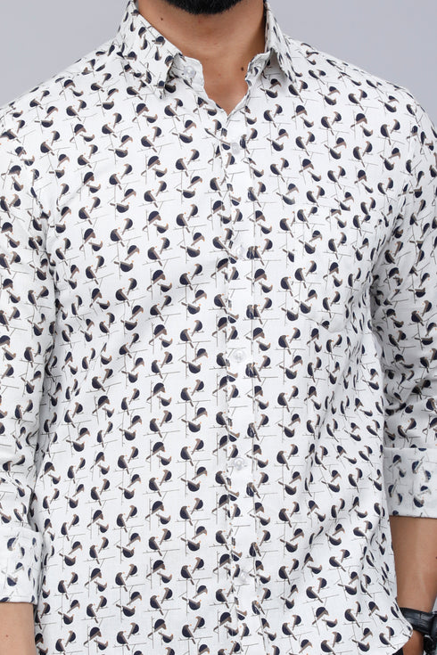 Miravan Mens White Spread Collar Bird Print Casual Shirt