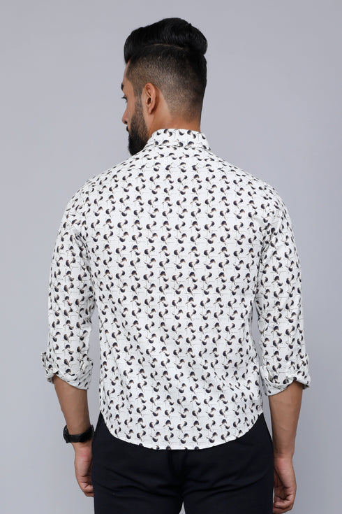 Miravan Mens White Spread Collar Bird Print Casual Shirt