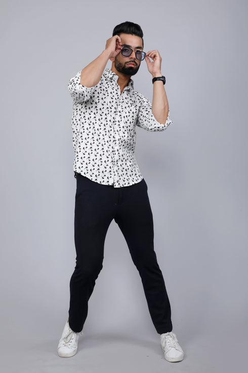 Miravan Mens White Spread Collar Bird Print Casual Shirt