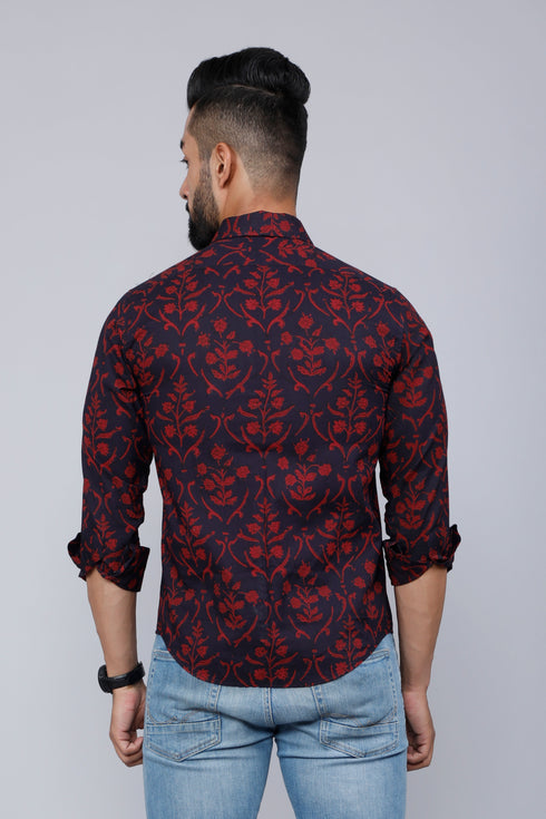 Miravan Mens Maroon Floral Printed Casual Full Sleeves Cotton Shirt