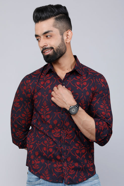 Miravan Mens Maroon Floral Printed Casual Full Sleeves Cotton Shirt