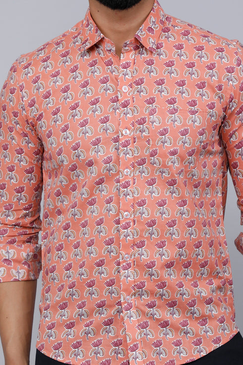 Miravan Mens Peach Spread Collar Floral Print Casual Shirt