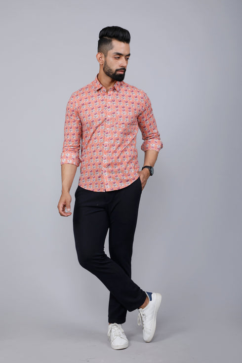 Miravan Mens Peach Spread Collar Floral Print Casual Shirt