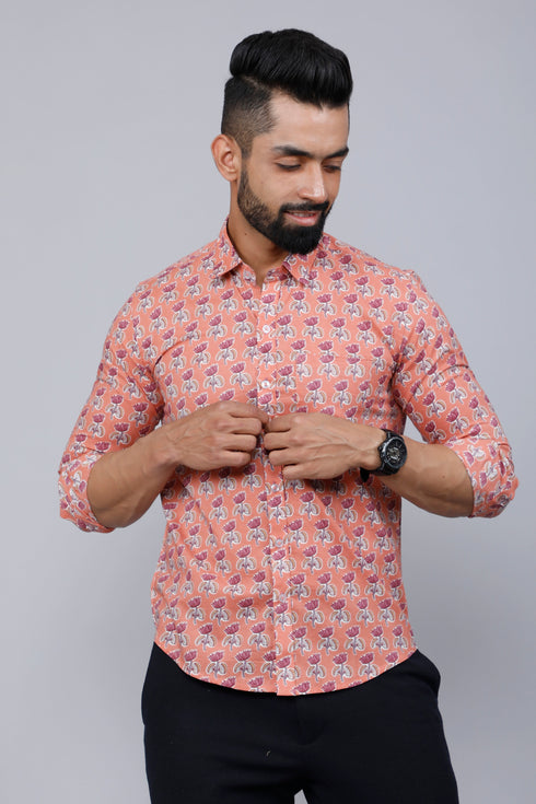 Miravan Mens Peach Spread Collar Floral Print Casual Shirt