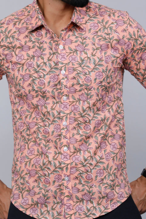 Miravan Mens Orange Printed Full Sleeve Cotton Shirt
