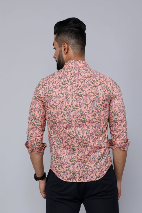 Miravan Mens Orange Printed Full Sleeve Cotton Shirt