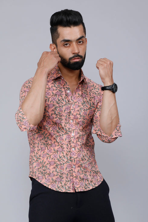 Miravan Mens Orange Printed Full Sleeve Cotton Shirt