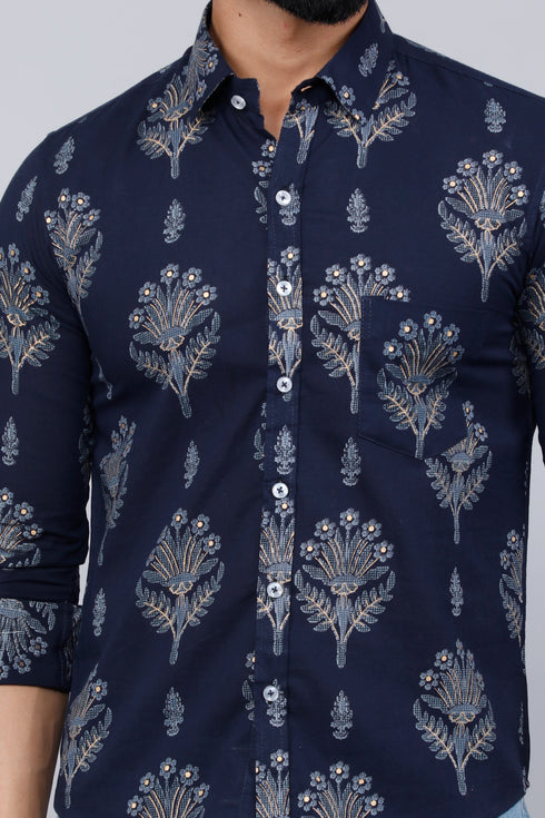 Miravan Mens Blue Spread Collar Floral Print Shirt