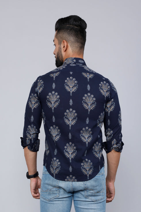 Miravan Mens Blue Spread Collar Floral Print Shirt