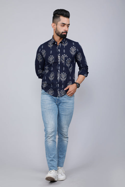 Miravan Mens Blue Spread Collar Floral Print Shirt