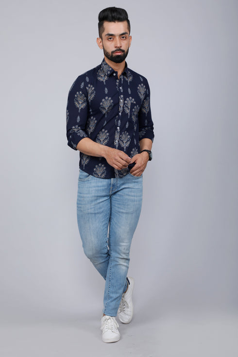 Miravan Mens Blue Spread Collar Floral Print Shirt