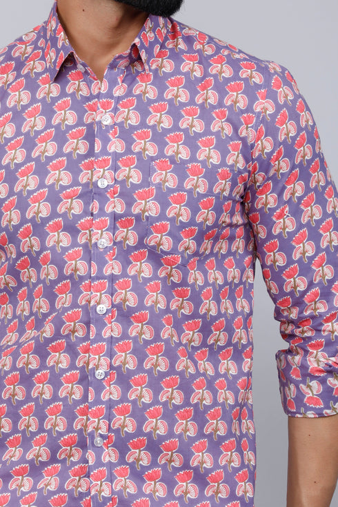 Miravan Mens Purple Floral Design Stylish Casual Cotton Shirt
