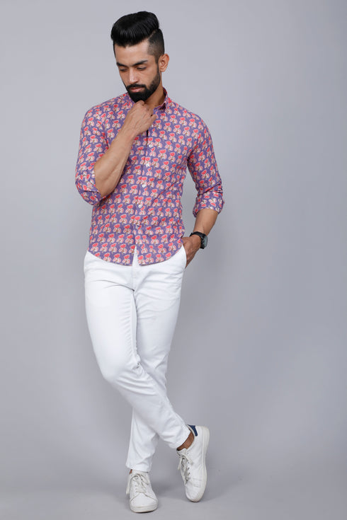 Miravan Mens Purple Floral Design Stylish Casual Cotton Shirt