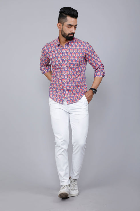 Miravan Mens Purple Floral Design Stylish Casual Cotton Shirt