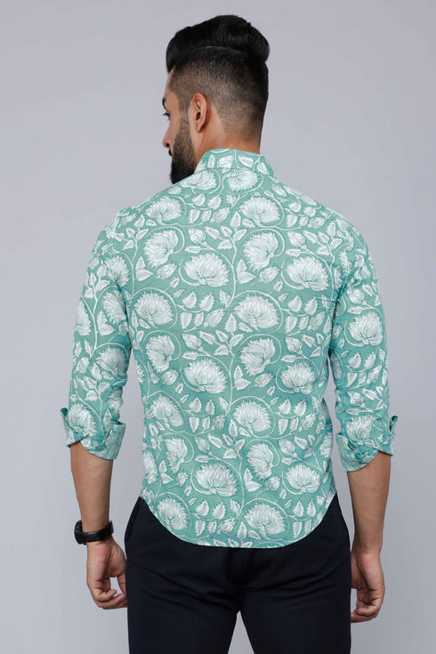 Miravan Mens Cotton Green Floral Printed Slim Fit Shirt