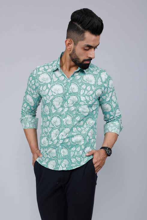 Miravan Mens Cotton Green Floral Printed Slim Fit Shirt