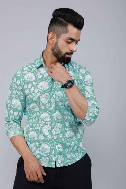 Miravan Mens Cotton Green Floral Printed Slim Fit Shirt