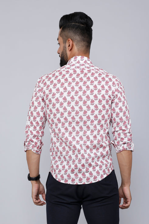 Miravan Mens White and Pink Spread Collar Floral Print Shirt