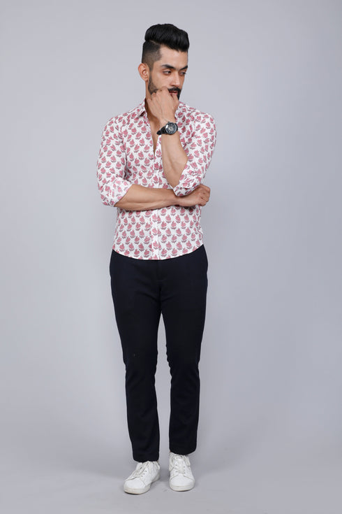 Miravan Mens White and Pink Spread Collar Floral Print Shirt