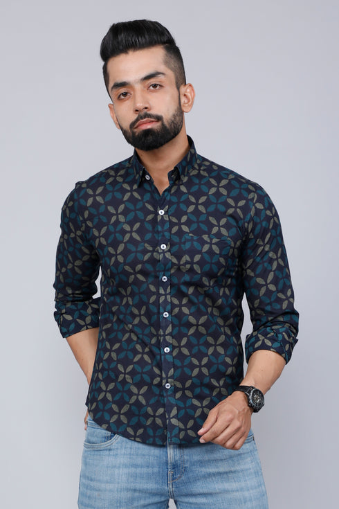 Miravan Mens Blue Floral Print Slim Fit Shirt With Patch Pocket