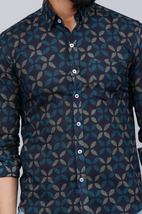 Miravan Mens Blue Floral Print Slim Fit Shirt With Patch Pocket