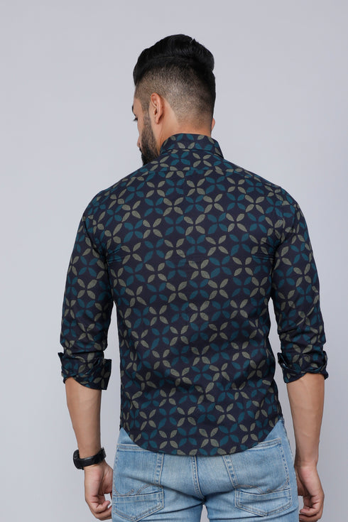 Miravan Mens Blue Floral Print Slim Fit Shirt With Patch Pocket