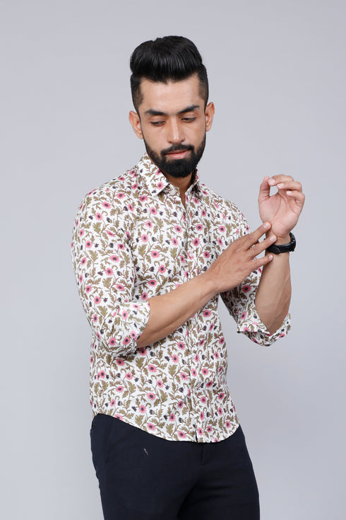 Miravan Mens Cotton Printed Full Sleeve Slim Fit Spread Neck White and Pink Colour Shirt
