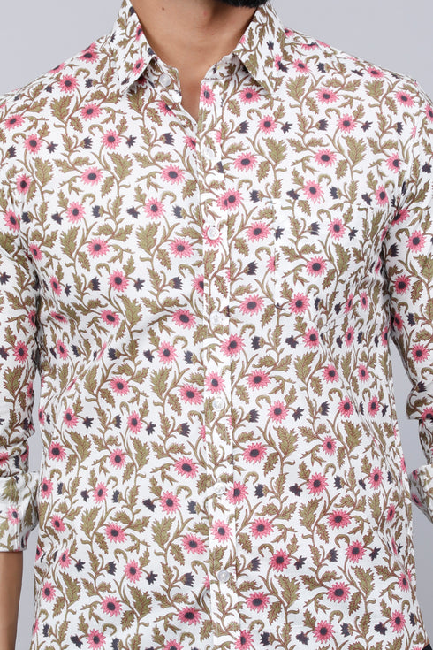Miravan Mens Cotton Printed Full Sleeve Slim Fit Spread Neck White and Pink Colour Shirt