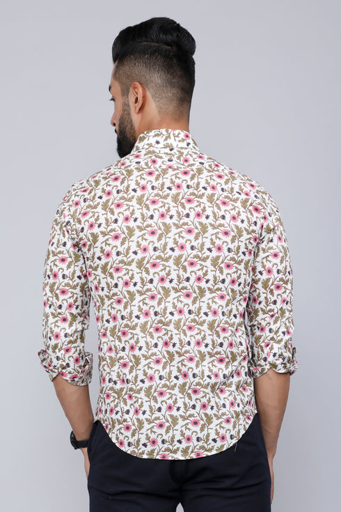 Miravan Mens Cotton Printed Full Sleeve Slim Fit Spread Neck White and Pink Colour Shirt