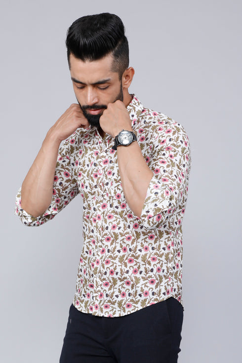 Miravan Mens Cotton Printed Full Sleeve Slim Fit Spread Neck White and Pink Colour Shirt
