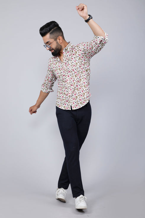 Miravan Mens Cotton Printed Full Sleeve Slim Fit Spread Neck White and Pink Colour Shirt
