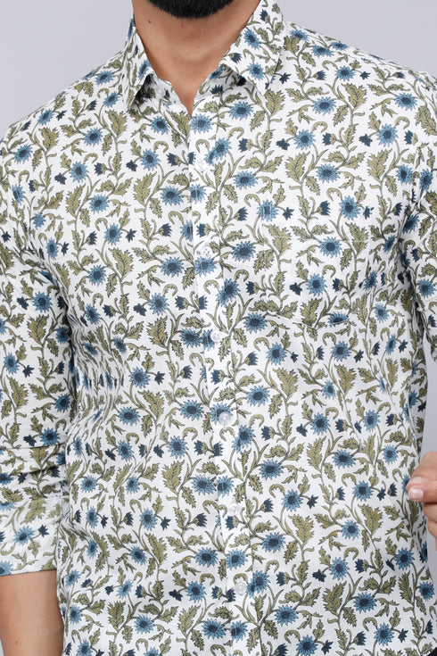 Miravan Mens White and Blue Floral Print Cotton Regular Fit Shirt